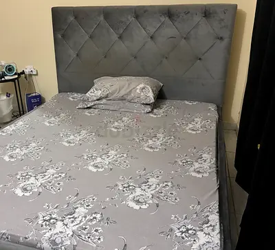 2 Velvet Queen Bed + Mattress with Tall Buttoned Headboard