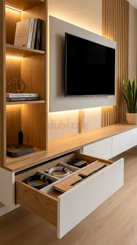Modern built-in TV entertainment unit with integrated shelving and drawers