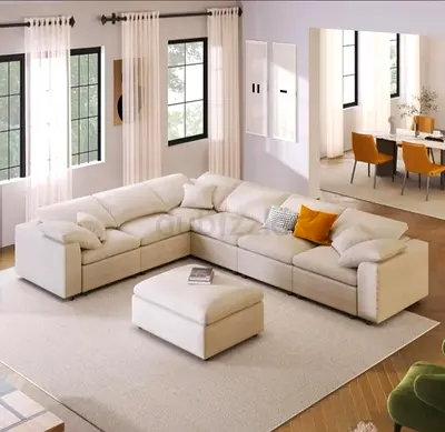 Large L-shaped Cream Fabric Corner Sofa with Ottoman