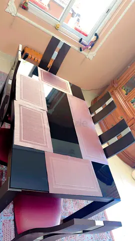 6 Seater Dining Table Set - Black Glass Top + Red Leather Chairs @ 499 AED
