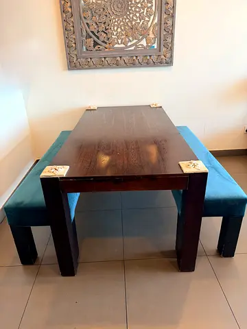 Dark Wood Dining Table with Two Upholstered Benches (Set of 3)