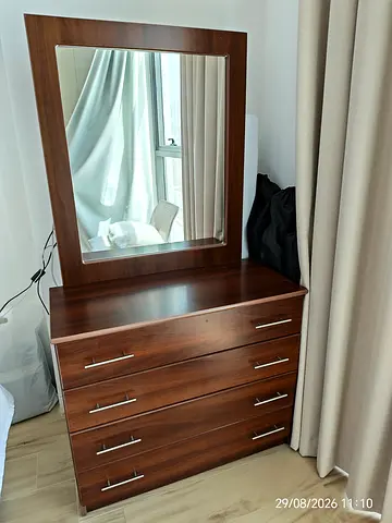 Wooden 4-Drawer Dresser with Mirror and bed tables - Good Condition