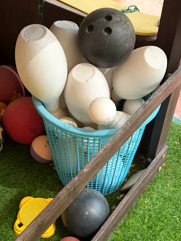 Set of plastic bowling pins and balls - casual backyard set
