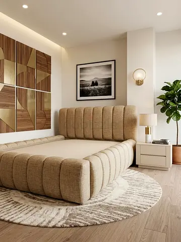 Beige Upholstered Modern Bed Frame with Headboard