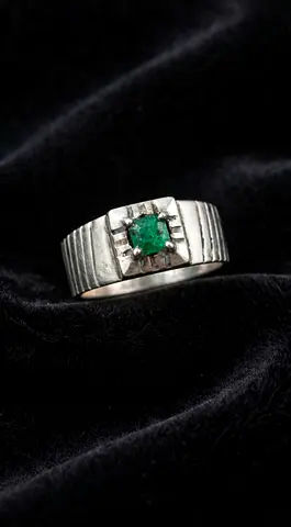 Men's Silver Ring with Emerald Center Stone