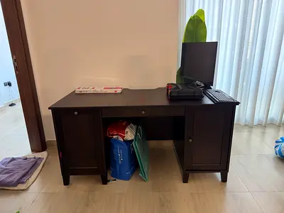 Dark wood desk with storage cabinets - good condition