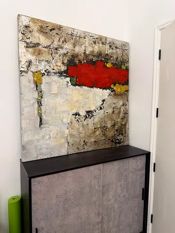 Large Abstract Textured Canvas Painting - Neutral Tones with Red Accent