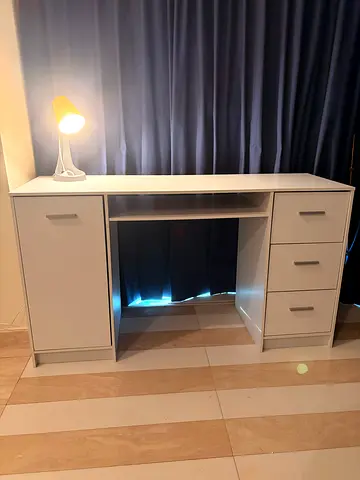 White Study Desk with Drawers and Cabinet along with leather chair