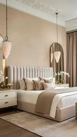 Elegant upholstered king bed with padded headboard and bedside tables