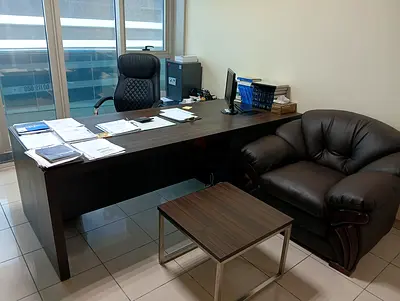 Used executive office desk set with leather sofa and chair