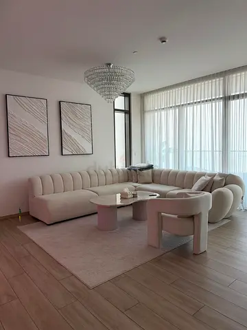 Cream Curved Sectional Sofa Set with Accent Chair and Coffee Tables