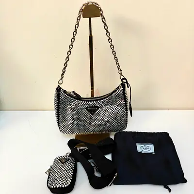 Authentic Prada Crystal-Embellished Silver Chain Shoulder Bag with Strap & Pouch