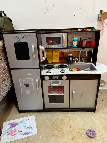 IKEA DUKTIG-style wooden play kitchen set with accessories - used