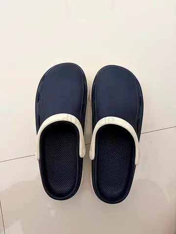 Navy Blue Slip-on Clogs with White Strap - Comfortable Casual Shoes
