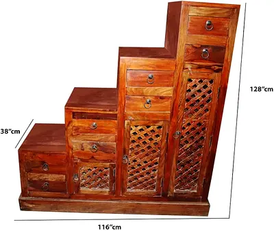 Solid Wood Step Chest Cabinet with Lattice Doors - Rustic Brown