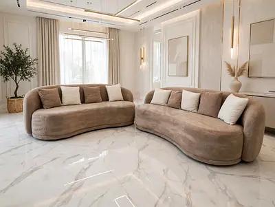Pair of Modern Curved Beige Fabric Sofas - Excellent Condition