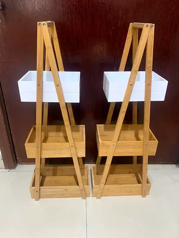 Pair of Bamboo 3-Tier Plant Stands with White Planter Boxes