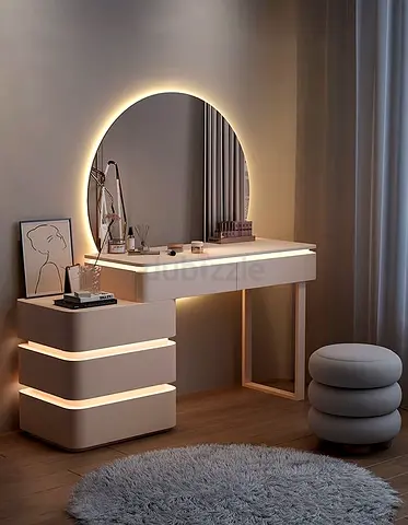 Modern Beige Dressing Table with Round Backlit Mirror and Stool