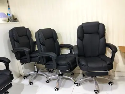 Set of 3 Black Leather Reclining Office Chairs with Footrests