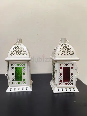 Pair of Decorative White Metal Lanterns with Colored Glass