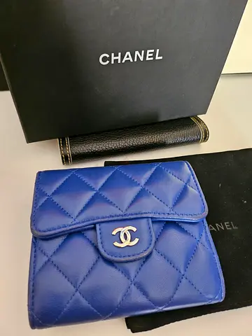 Authentic Chanel Quilted Blue Lambskin Wallet with Chanel Card, Box and Dust Bag