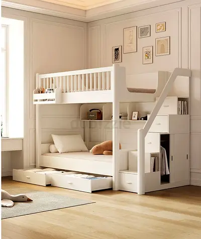 White wooden bunk bed with storage stairs and under-bed drawers