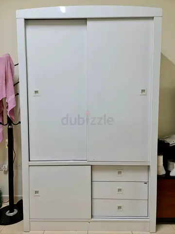 White Sliding Door Wardrobe with Drawers - Good Condition