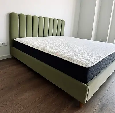 Olive Green Upholstered Bed Frame with Padded Headboard - Queen