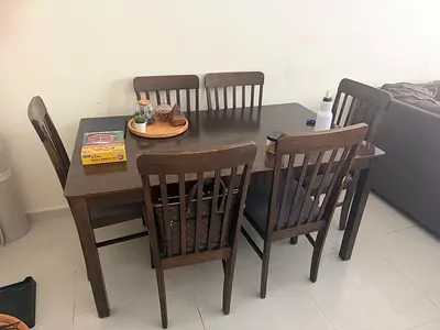 Wood 6-Seater Dining Table with Chairs - Dark Finish