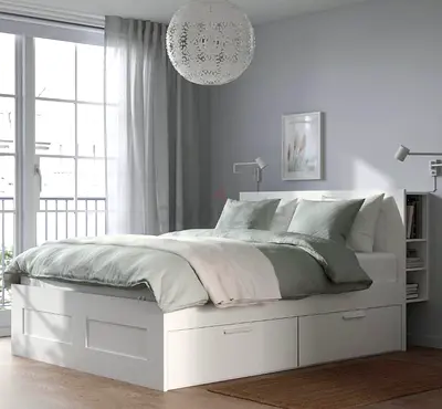 White storage bed frame with headboard shelves and 4 drawers mattress quilt pillow- 140x 200