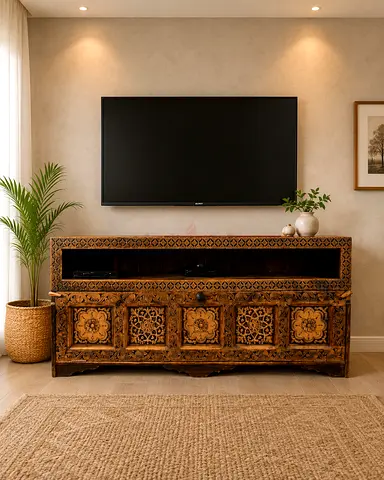 Antique Hand-Carved Wooden TV Cabinet / Media Console