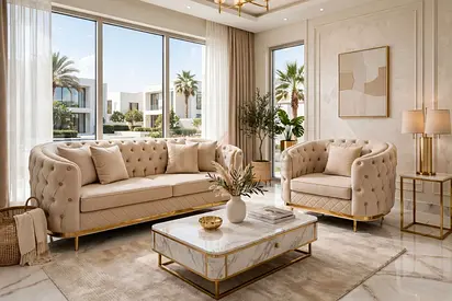 Beige Tufted 3-Seater Sofa and Armchair Set with Marble Coffee Table