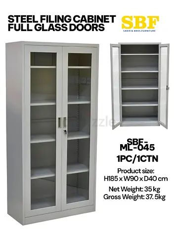Steel Filing Cabinet with Full Glass Doors - 5 Shelves, Lockable
