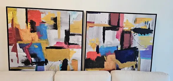 Pair of Abstract Framed Canvas Paintings - Modern Wall Art Set 100x100