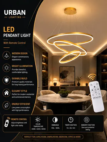 Modern 3-Ring LED Pendant Light with Remote - Black