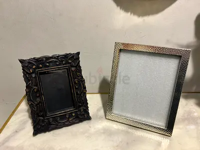 Pair of Marina home Photo Frames — Carved Wood and Hammered Metal