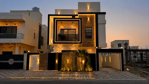 Luxury villa for sale in Al Helio 2 – Ajman | 5 master bedrooms | Swimming pool | Two floors + roof | 4,000 sq ft built-up area