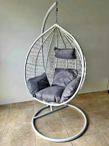 White Wicker Hanging Egg Chair with Cushions - Free Standing