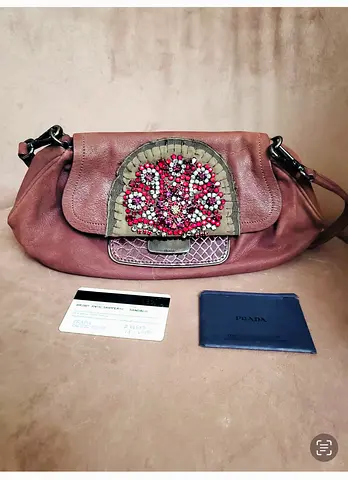 Authentic Prada Brown Leather Shoulder Bag with Beaded Front Detail - Selling low