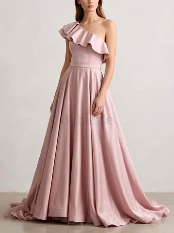 One-shoulder dusty pink formal evening gown with ruffle detail