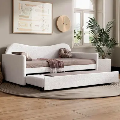 Modern White Boucle Daybed with Pull-Out Trundle