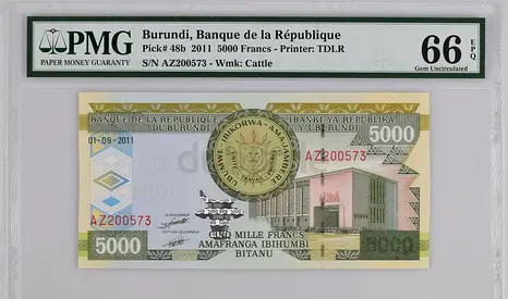 BURUNDI 5000 FRANCS BANKNOTE 2011 PMG 66