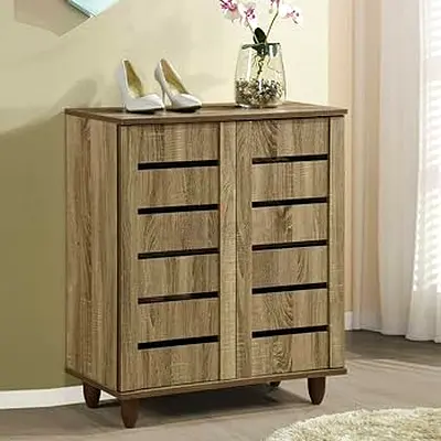 Compact 2-Door Wooden Shoe Cabinet / Storage Cupboard - Oak Finish