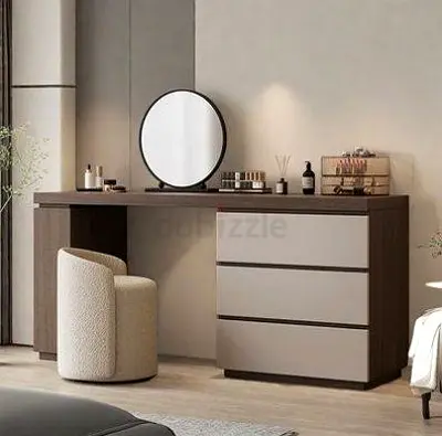 Modern Dressing Table with 3-Drawer Chest and Round Mirror