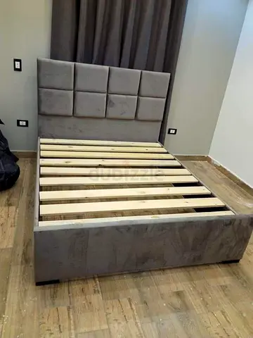 Grey Upholstered Double Bed Frame with Padded Headboard