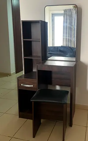Dark Wood Dressing Table with Mirror, Stool and Shelves - Good Condition