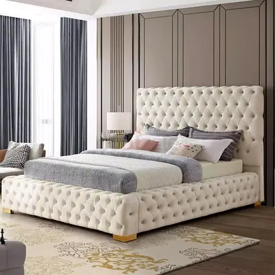 Light Cream Velvet Chesterfield Queen Size Bed With Tufting