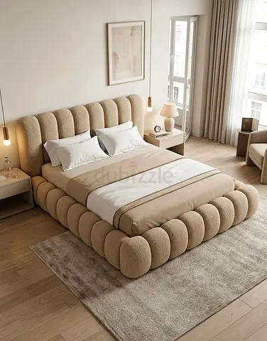 Modern Plush Upholstered Bed - Beige
