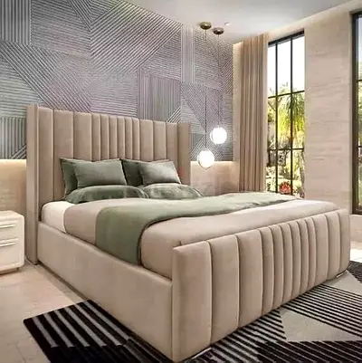 Beige Upholstered King-Size Bed Frame with Vertical Channel Headboard