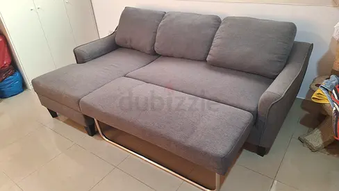 Modern Grey L-Shape 3-Seater Sofa with Pull-Out Bed & Chaise